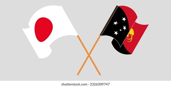 Crossed and waving flags of Japan and Papua New Guinea. Vector illustration
