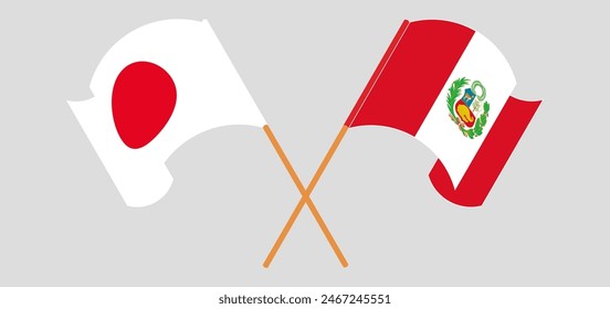 Crossed and waving flags of Japan and Peru. Vector illustration
