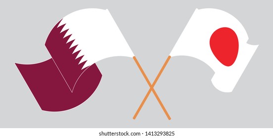 Crossed and waving flags of Japan and Qatar. Vector illustration
