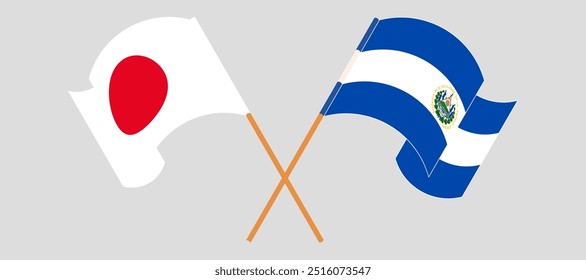 Bandeiras cruzadas e acenando do Japão e República de El Salvador. Ilustração vetorial.
