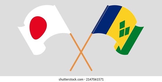 Crossed and waving flags of Japan and Saint Vincent and the Grenadines. Vector illustration
