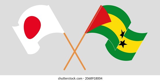 Crossed and waving flags of Japan and Sao Tome and Principe. Official colors. Correct proportion