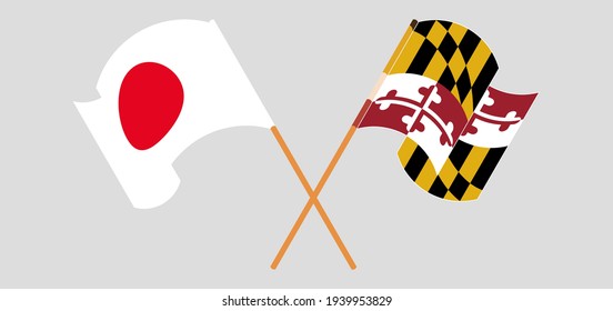 Crossed and waving flags of Japan and the State of Maryland