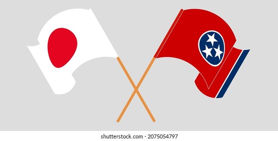 Crossed and waving flags of Japan and The State of Tennessee. Vector illustration
