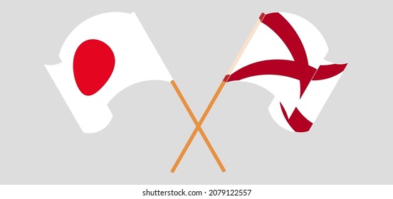 Crossed and waving flags of Japan and The State of Alabama. Vector illustration
