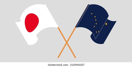 Crossed and waving flags of Japan and the State of Alaska. Vector illustration
