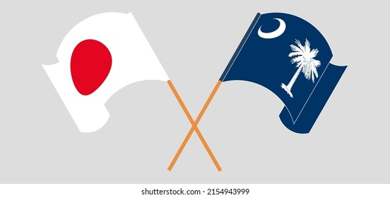 Crossed and waving flags of Japan and The State of South Carolina. Vector illustration
