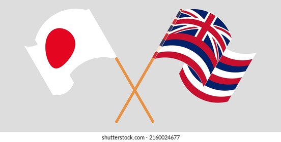 Crossed and waving flags of Japan and The State Of Hawaii. Vector illustration
