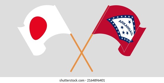 Crossed and waving flags of Japan and The State of Arkansas. Vector illustration
