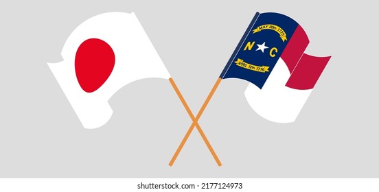 Crossed and waving flags of Japan and The State of North Carolina. Vector illustration
