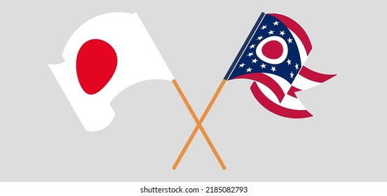 Crossed and waving flags of Japan and the State of Ohio. Vector illustration
