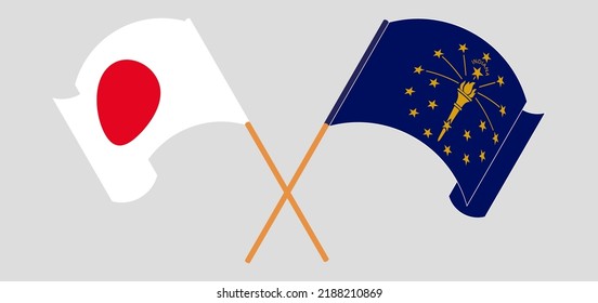 Crossed and waving flags of Japan and the State of Indiana. Vector illustration
