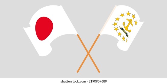 Crossed and waving flags of Japan and the State of Rhode Island. Vector illustration
