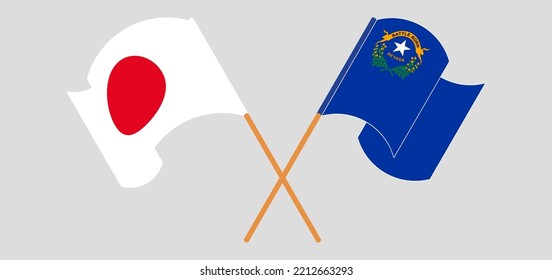 Crossed and waving flags of Japan and The State of Nevada. Vector illustration
