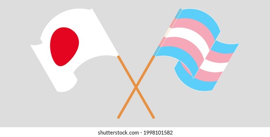 Crossed and waving flags of Japan and transgender pride