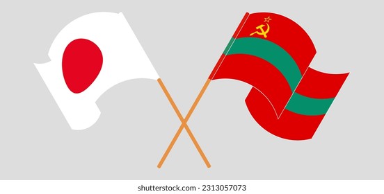 Crossed and waving flags of Japan and Transnistria. Vector illustration
