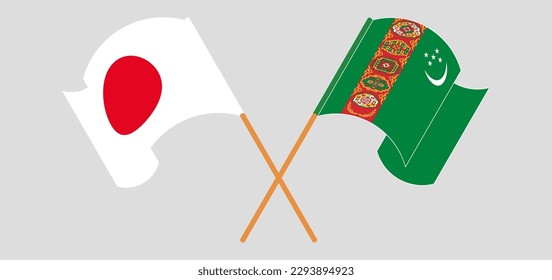 Crossed and waving flags of Japan and Turkmenistan. Vector illustration
