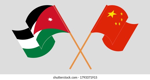 Crossed and waving flags of Jordan and China