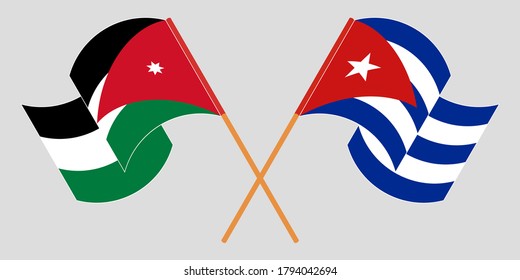 Crossed and waving flags of Jordan and Cuba