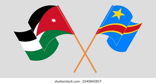 Crossed and waving flags of Jordan and Democratic Republic of the Congo. Vector illustration.
