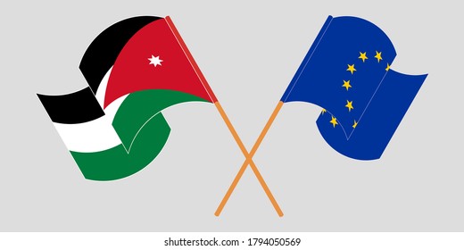 Crossed and waving flags of Jordan and the EU