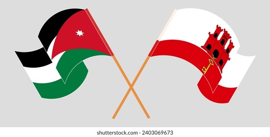 Crossed and waving flags of Jordan and Gibraltar. Vector illustration
