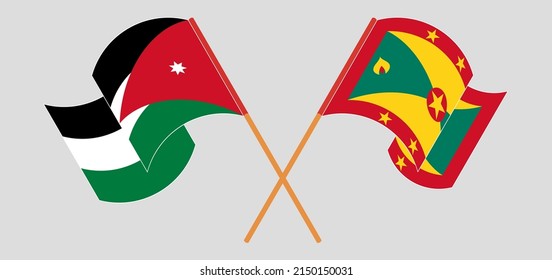Crossed and waving flags of Jordan and Grenada. Vector illustration
