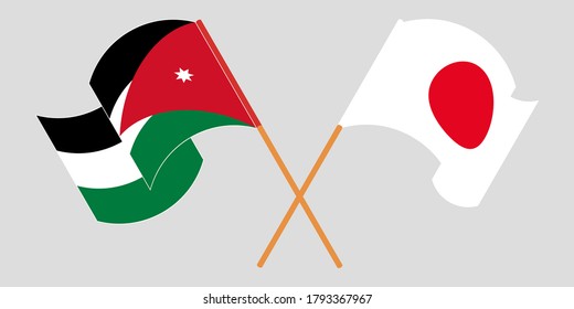 Crossed and waving flags of Jordan and Japan