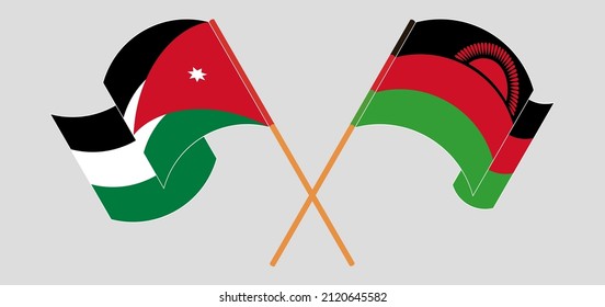 Crossed and waving flags of Jordan and Malawi. Vector illustration
