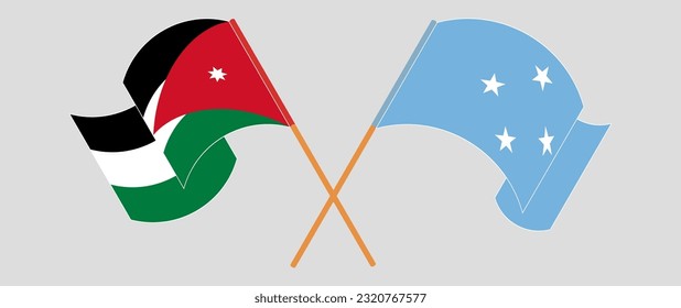 Crossed and waving flags of Jordan and Micronesia. Vector illustration
