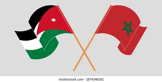 Crossed and waving flags of Jordan and Morocco