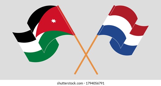 Crossed and waving flags of Jordan and the Netherlands