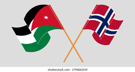 Crossed and waving flags of Jordan and Norway