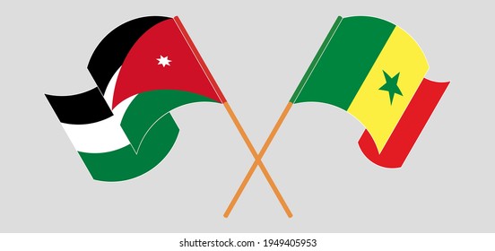 Crossed and waving flags of Jordan and Senegal
