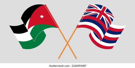 Crossed and waving flags of Jordan and The State Of Hawaii. Vector illustration
