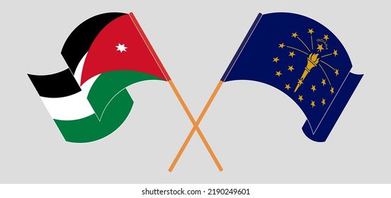 Cruzando y ondeando banderas de Jordania y el estado de Indiana. Ilustración del vector
