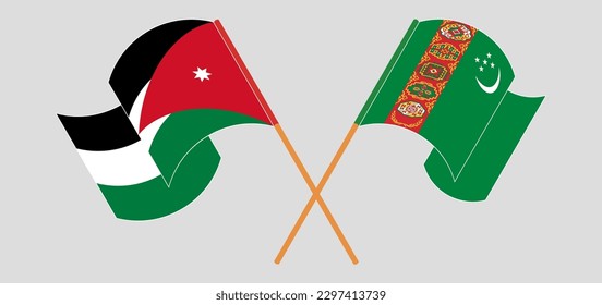 Crossed and waving flags of Jordan and Turkmenistan