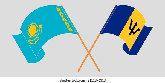 Crossed and waving flags of Kazakhstan and Barbados. Vector illustration
