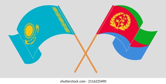 Crossed and waving flags of Kazakhstan and Eritrea. Vector illustration
