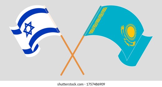 Crossed and waving flags of Kazakhstan and Israel