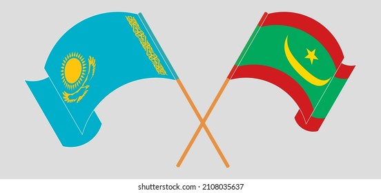 Crossed and waving flags of Kazakhstan and Mauritania. Vector illustration