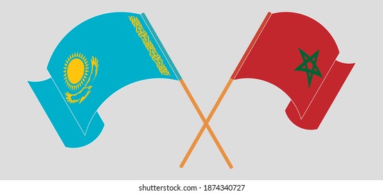 Crossed and waving flags of Kazakhstan and Morocco