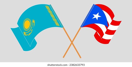 Crossed and waving flags of Kazakhstan and Puerto Rico. Vector illustration
