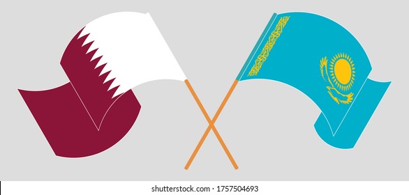 Crossed and waving flags of Kazakhstan and Qatar
