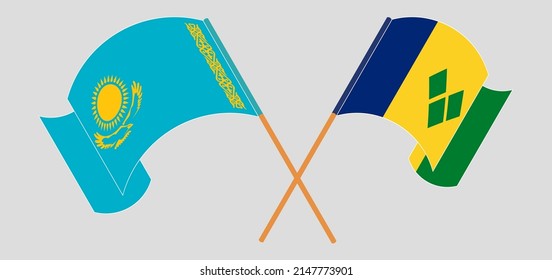 Crossed and waving flags of Kazakhstan and Saint Vincent and the Grenadines. Vector illustration
