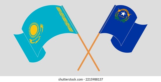 Crossed and waving flags of Kazakhstan and The State of Nevada. Vector illustration

