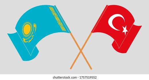 Crossed and waving flags of Kazakhstan and Turkey