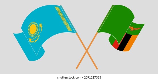 Crossed and waving flags of Kazakhstan and Zambia. Vector illustration
