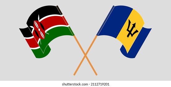 Crossed and waving flags of Kenya and Barbados. Vector illustration
