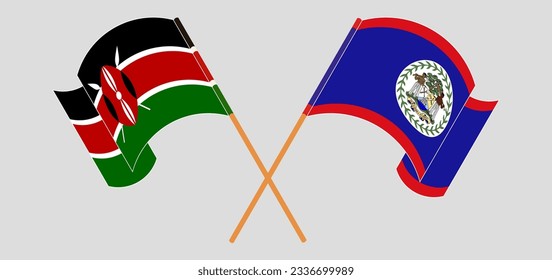 Crossed and waving flags of Kenya and Belize. Vector illustration
